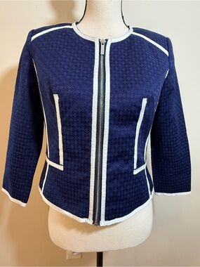 Linea bright blue embossed blazer jacket white trim SZ 8